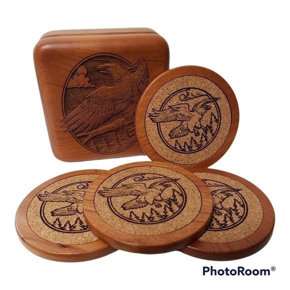 Eagle Coaster Set 4 Wilderness Wood Laser Cut Etched With Lined Box - Picture 1 of 8